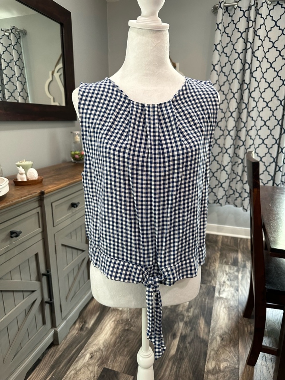 LOFT Navy and White Gingham Tie-Front Sleeveless Top